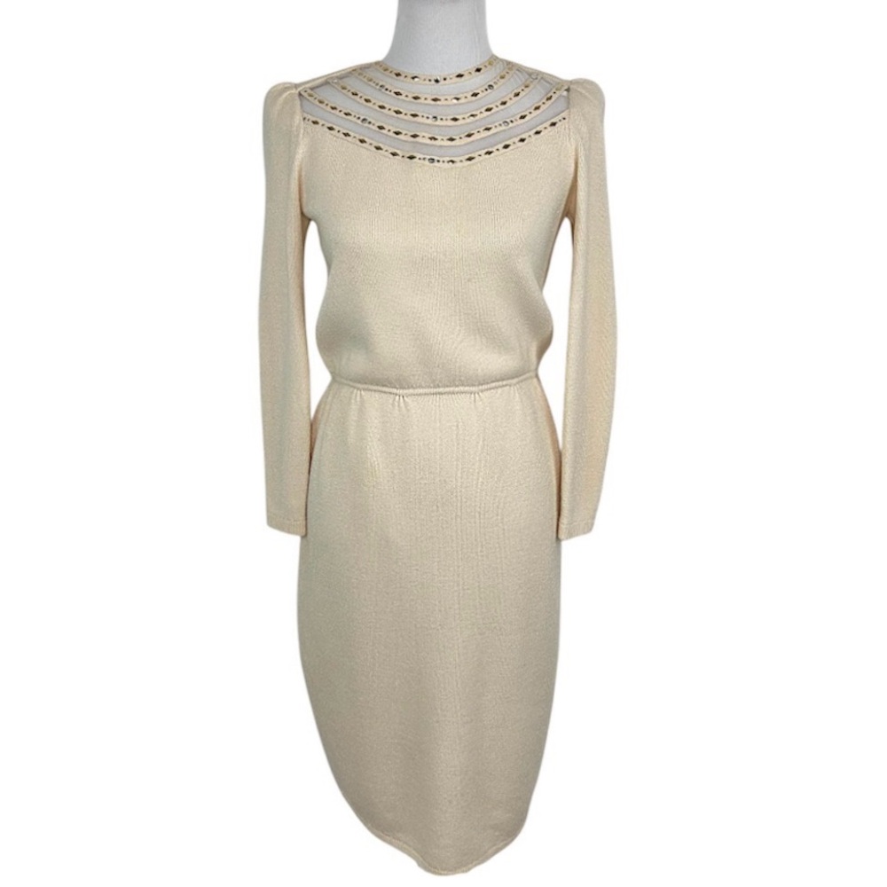 ST. JOHN Vintage Santana Knit Sheer Jeweled Neckline Sheath Blouson Dress Size 6